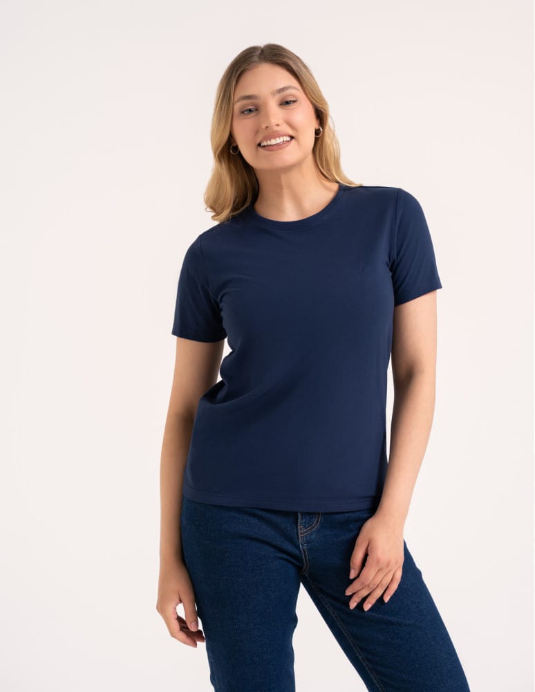 Koszulki i T-shirty - Koszulka damska bawełna Premium T-shirt dekolt okrągły GRANATOWY  - produkt moraj.pl 5