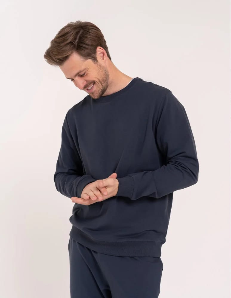 Bluzy dresowe - Bluza męska bawełniana klasyczna bez kaptura gładka GRANATOWY  - produkt moraj.pl 7