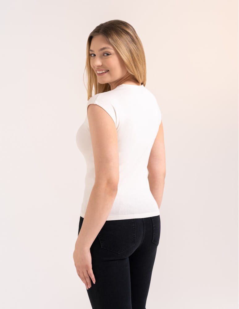 Bluzki i koszule - Bluzka damska prążkowana z krótkim rękawem cap sleeve BIAŁY  - produkt moraj.pl 5