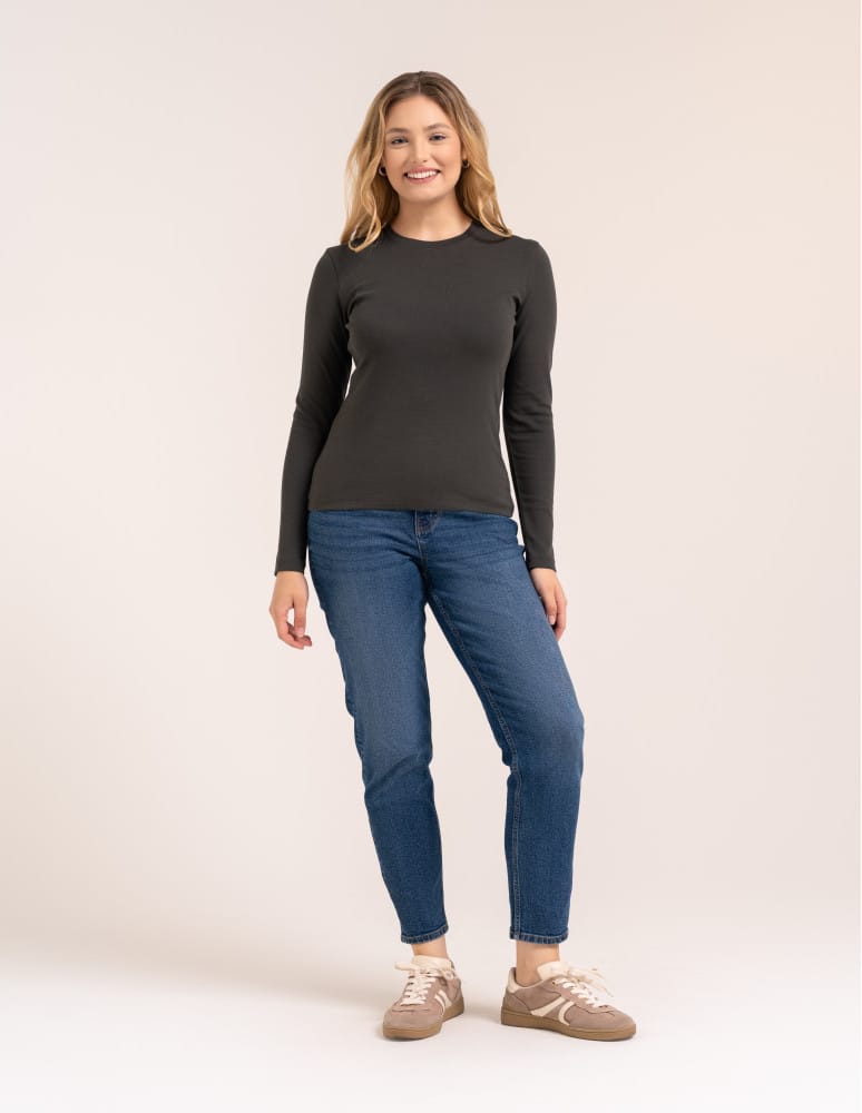 Bluzki z długim rękawem - Bawełniana bluzka damska gładka longsleeve z długim rękawem BRĄZOWY  - produkt moraj.pl 3