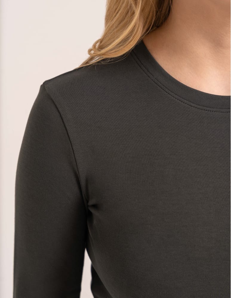 Bluzki z długim rękawem - Bawełniana bluzka damska gładka longsleeve z długim rękawem BRĄZOWY  - produkt moraj.pl 4
