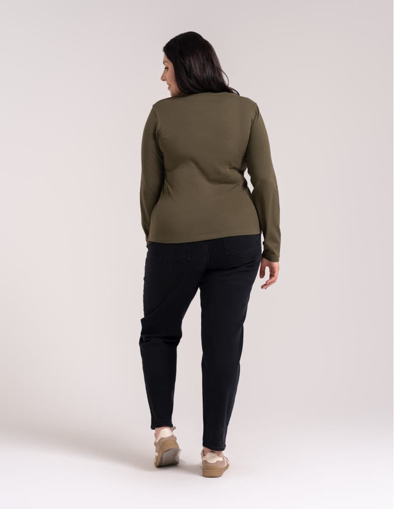 Bluzki z długim rękawem - Bawełniana bluzka damska gładka longsleeve z długim rękawem ZIELONY  - produkt moraj.pl 11