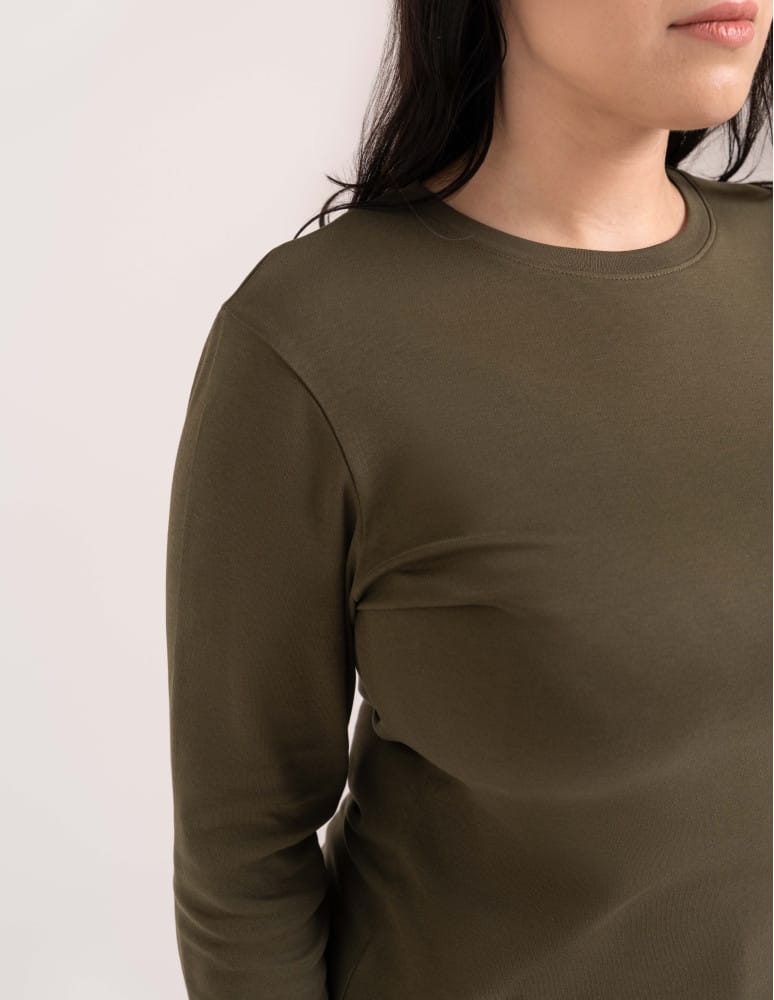Bluzki z długim rękawem - Bawełniana bluzka damska gładka longsleeve z długim rękawem ZIELONY  - produkt moraj.pl 10