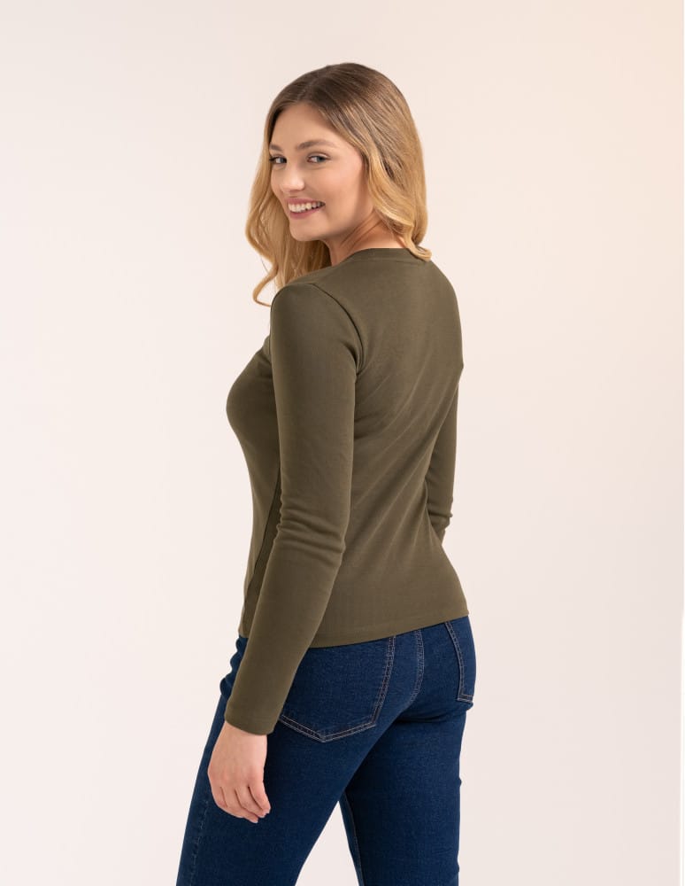 Bluzki z długim rękawem - Bawełniana bluzka damska gładka longsleeve z długim rękawem ZIELONY  - produkt moraj.pl 4
