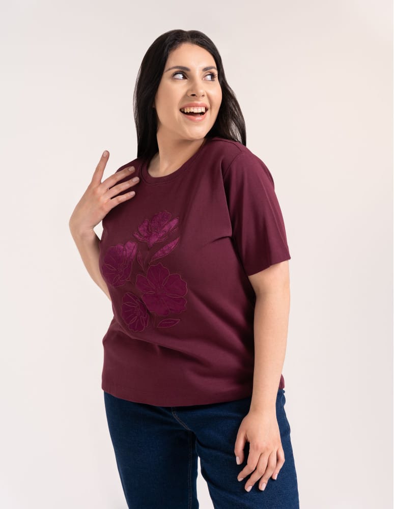 Bluzki z krótkim rękawem - Bluzka damska oversize bawełniana z aplikacją kwiatową krótki rękaw wygodny luźny t-shirt damski FIOLETOWY  - produkt moraj.pl 3