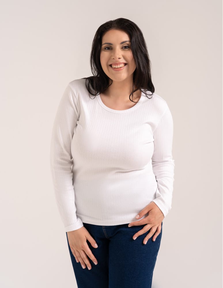 Bluzki z długim rękawem - Bluzka damska z długim rękawem bawełna organiczna prążkowana koszulka longsleeve dopasowana gładka BIAŁY  - produkt moraj.pl 9