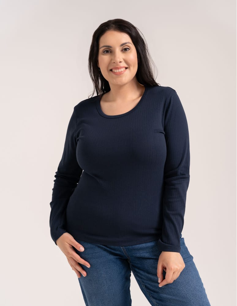 Bluzki z długim rękawem - Bluzka damska z długim rękawem bawełna organiczna prążkowana koszulka longsleeve dopasowana gładka GRANATOWY  - produkt moraj.pl 9