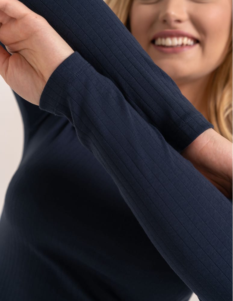 Bluzki z długim rękawem - Bluzka damska z długim rękawem bawełna organiczna prążkowana koszulka longsleeve dopasowana gładka GRANATOWY  - produkt moraj.pl 5