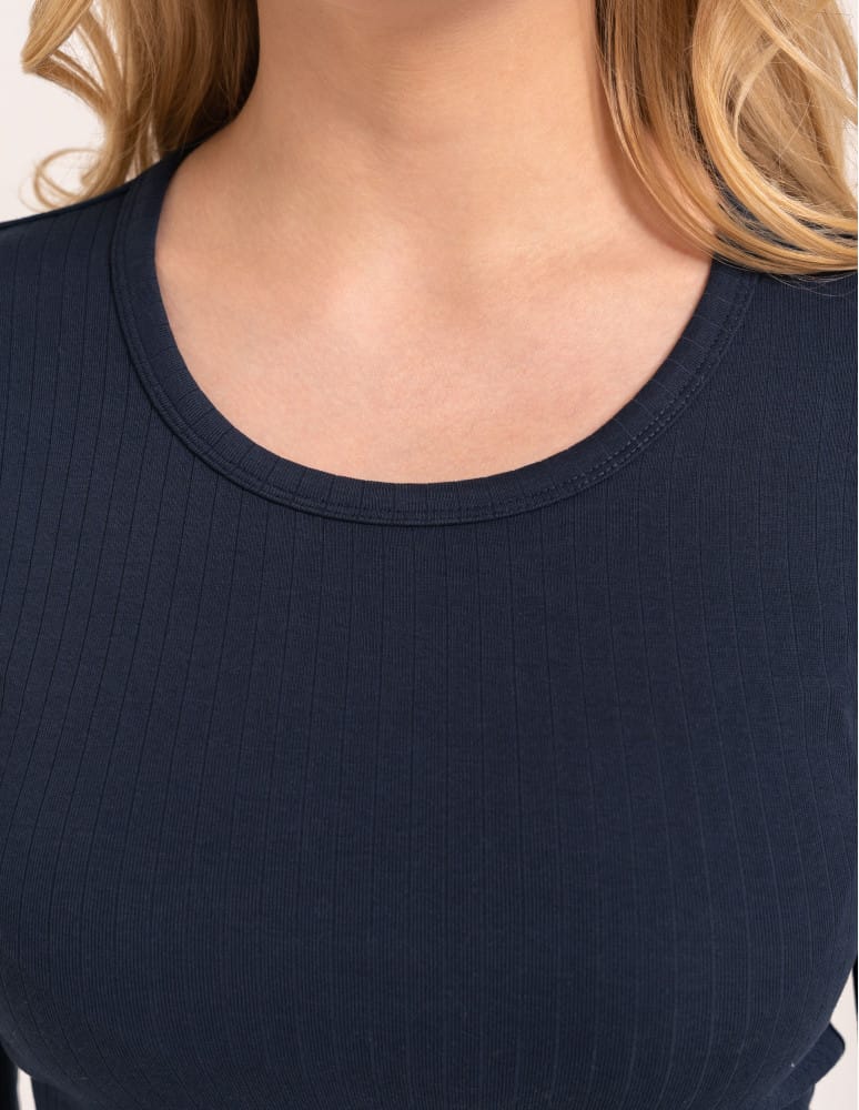 Bluzki z długim rękawem - Bluzka damska z długim rękawem bawełna organiczna prążkowana koszulka longsleeve dopasowana gładka GRANATOWY  - produkt moraj.pl 2