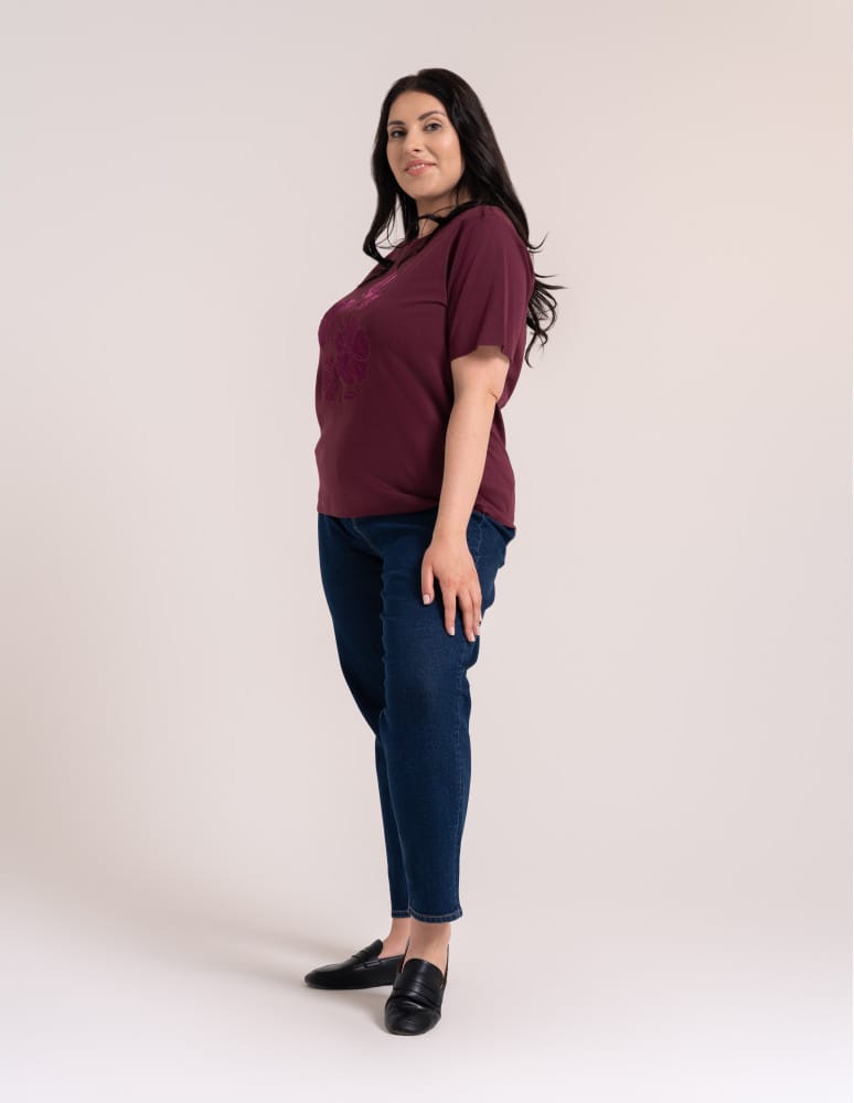 Bluzki z krótkim rękawem - Bluzka damska oversize bawełniana z aplikacją kwiatową krótki rękaw wygodny luźny t-shirt damski FIOLETOWY  - produkt moraj.pl 6