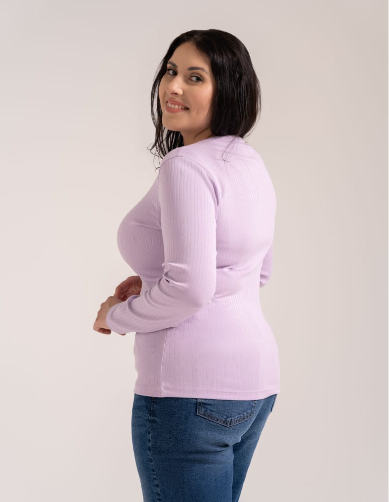 Bluzki z długim rękawem - Bluzka damska z długim rękawem bawełna organiczna prążkowana koszulka longsleeve dopasowana gładka FIOLETOWY  - produkt moraj.pl 9