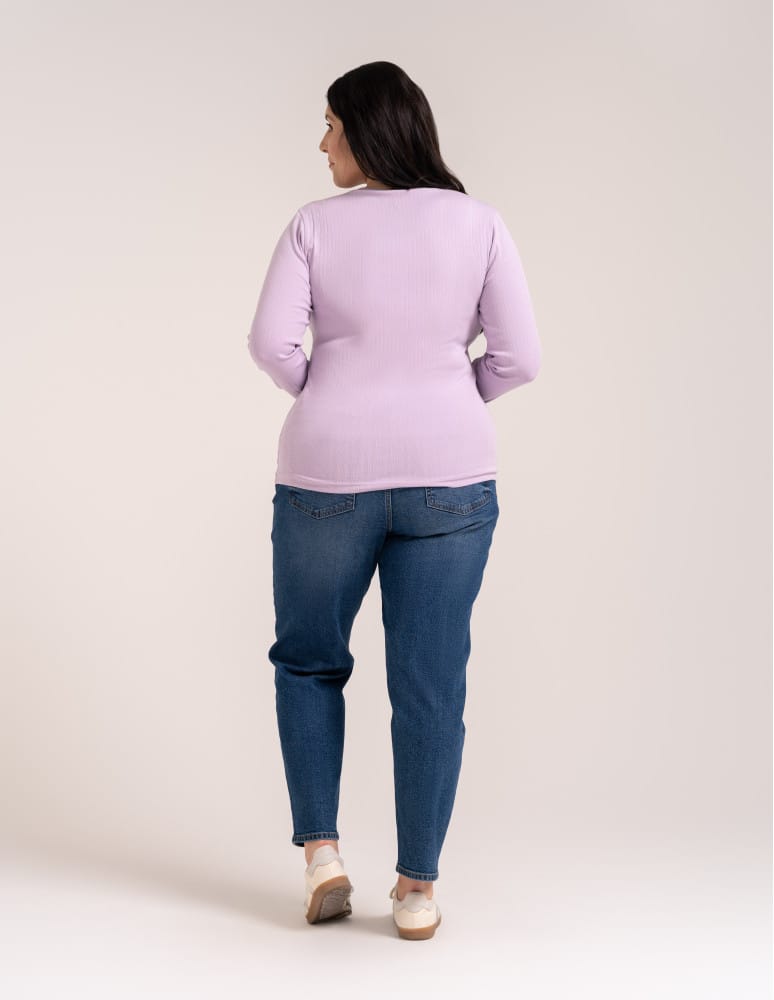 Bluzki z długim rękawem - Bluzka damska z długim rękawem bawełna organiczna prążkowana koszulka longsleeve dopasowana gładka FIOLETOWY  - produkt moraj.pl 10