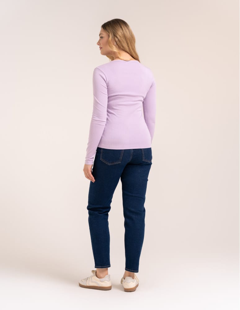 Bluzki z długim rękawem - Bluzka damska z długim rękawem bawełna organiczna prążkowana koszulka longsleeve dopasowana gładka FIOLETOWY  - produkt moraj.pl 5