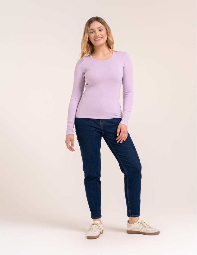 Bluzki z długim rękawem - Bluzka damska z długim rękawem bawełna organiczna prążkowana koszulka longsleeve dopasowana gładka FIOLETOWY  - produkt moraj.pl 6