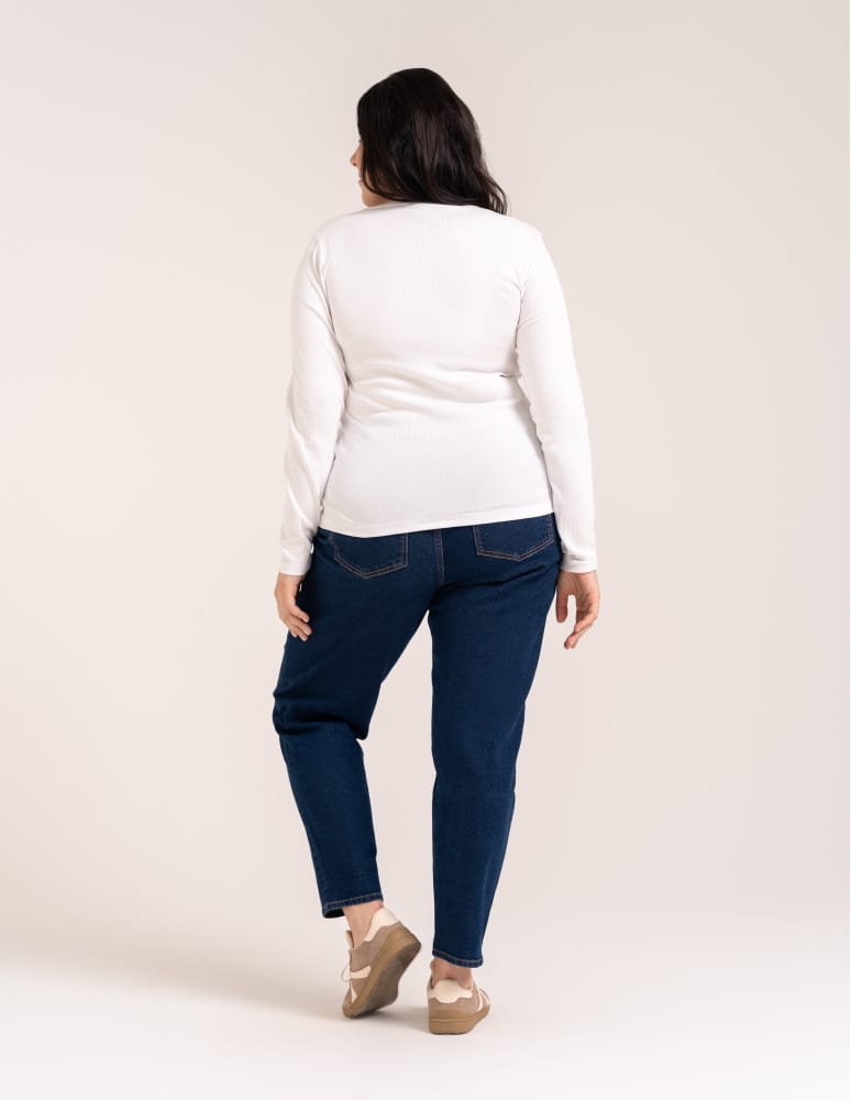 Bluzki z długim rękawem - Bluzka damska z długim rękawem bawełna organiczna prążkowana koszulka longsleeve dopasowana gładka BIAŁY  - produkt moraj.pl 11