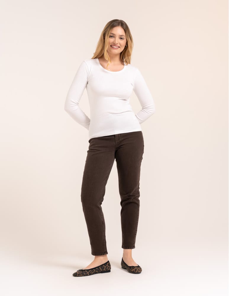Bluzki z długim rękawem - Bluzka damska z długim rękawem bawełna organiczna prążkowana koszulka longsleeve dopasowana gładka BIAŁY  - produkt moraj.pl 3