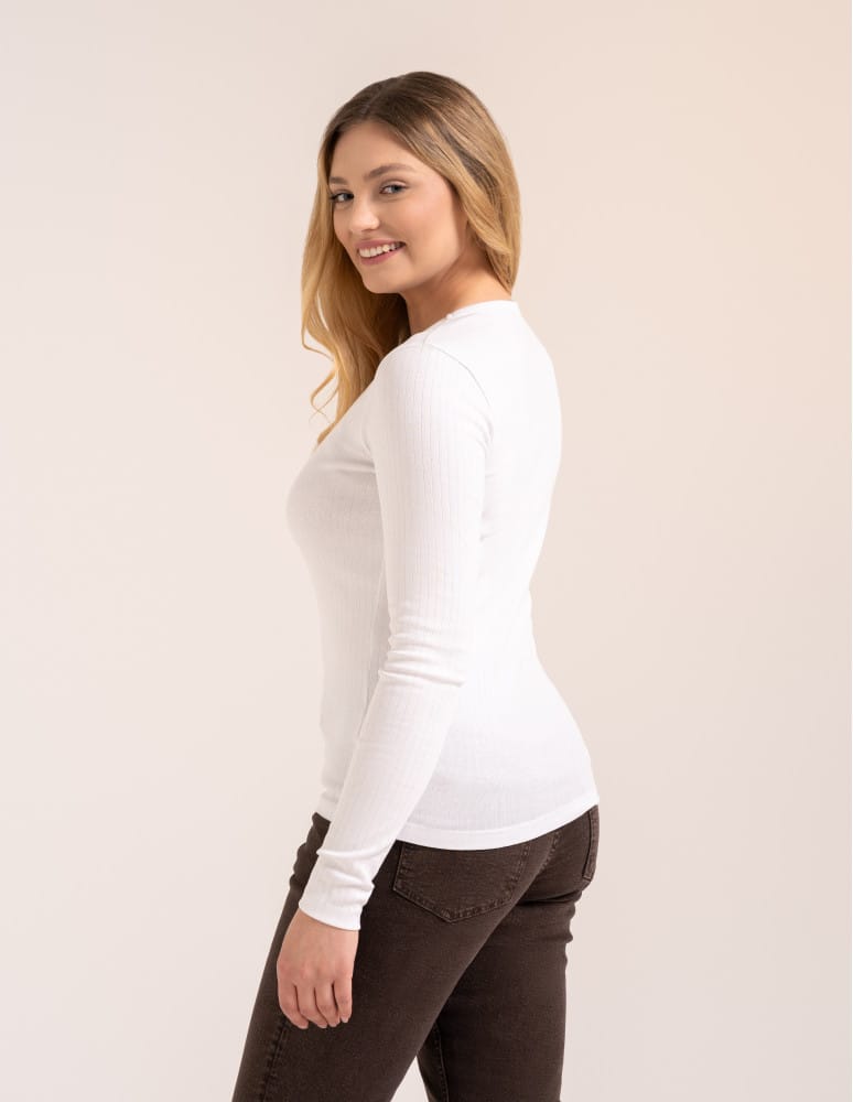 Bluzki z długim rękawem - Bluzka damska z długim rękawem bawełna organiczna prążkowana koszulka longsleeve dopasowana gładka BIAŁY  - produkt moraj.pl 4