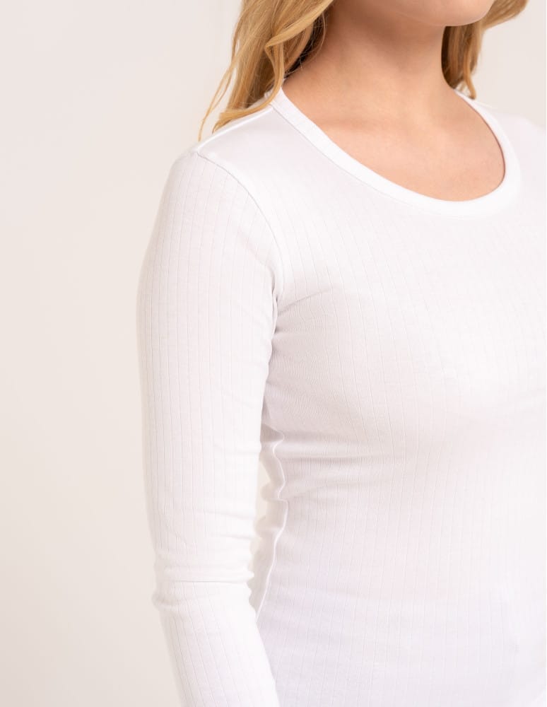 Bluzki z długim rękawem - Bluzka damska z długim rękawem bawełna organiczna prążkowana koszulka longsleeve dopasowana gładka BIAŁY  - produkt moraj.pl 5