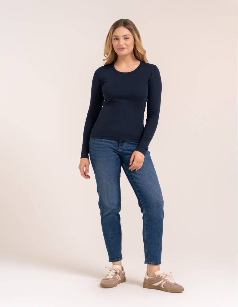 Bluzki z długim rękawem - Bluzka damska z długim rękawem bawełna organiczna prążkowana koszulka longsleeve dopasowana gładka GRANATOWY  - produkt moraj.pl 3