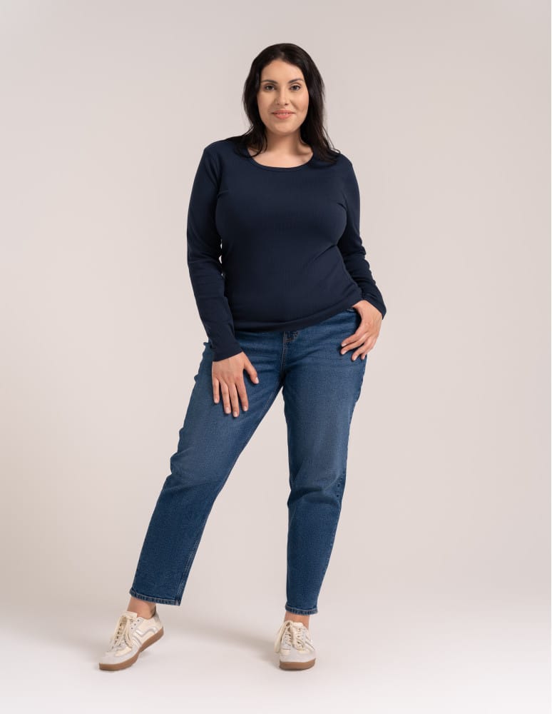 Bluzki z długim rękawem - Bluzka damska z długim rękawem bawełna organiczna prążkowana koszulka longsleeve dopasowana gładka GRANATOWY  - produkt moraj.pl 10