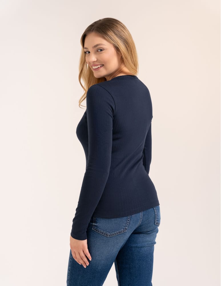 Bluzki z długim rękawem - Bluzka damska z długim rękawem bawełna organiczna prążkowana koszulka longsleeve dopasowana gładka GRANATOWY  - produkt moraj.pl 7
