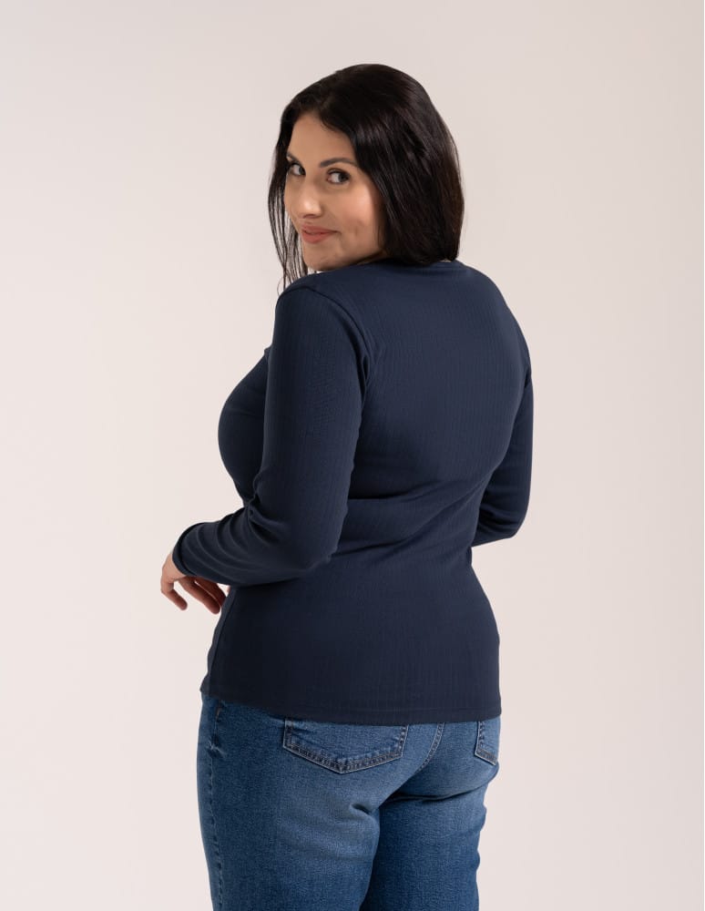 Bluzki z długim rękawem - Bluzka damska z długim rękawem bawełna organiczna prążkowana koszulka longsleeve dopasowana gładka GRANATOWY  - produkt moraj.pl 11