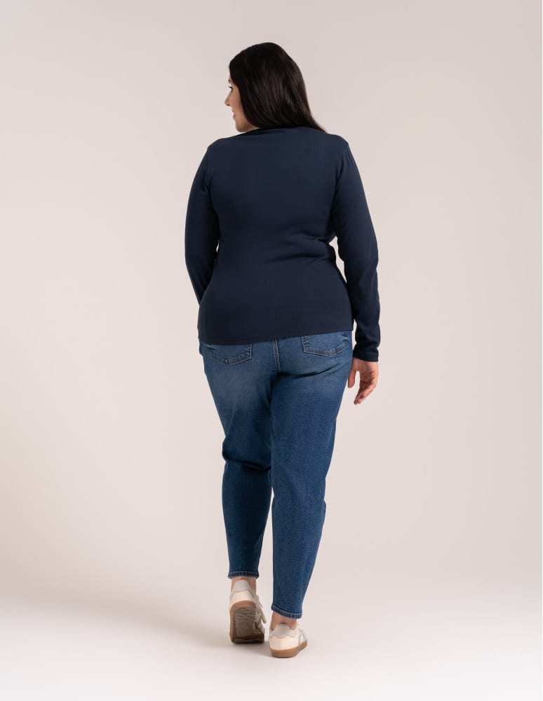 Bluzki z długim rękawem - Bluzka damska z długim rękawem bawełna organiczna prążkowana koszulka longsleeve dopasowana gładka GRANATOWY  - produkt moraj.pl 12