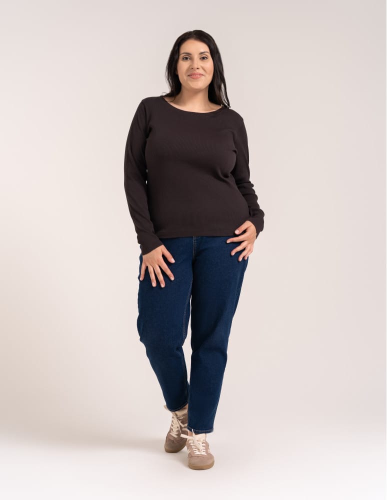 Bluzki z długim rękawem - Bluzka damska bawełniana w prążek longsleeve CIEMNY BRĄZ  - produkt moraj.pl 8