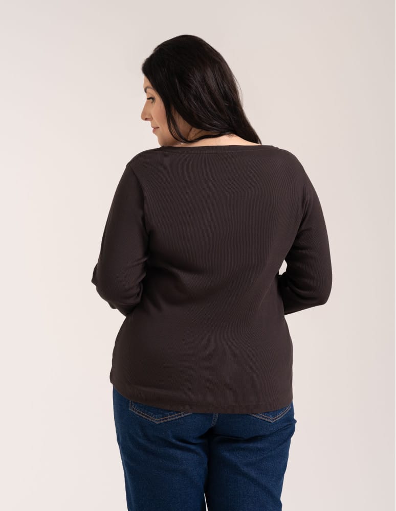 Bluzki z długim rękawem - Bluzka damska bawełniana w prążek longsleeve CIEMNY BRĄZ  - produkt moraj.pl 10