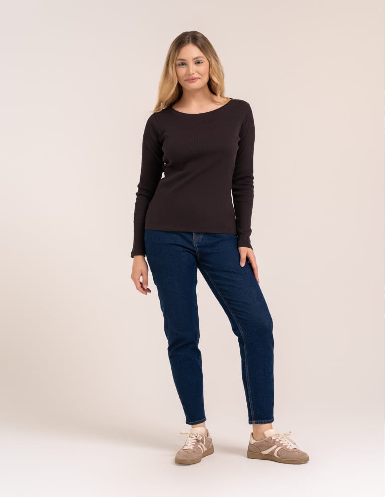 Bluzki z długim rękawem - Bluzka damska bawełniana w prążek longsleeve CIEMNY BRĄZ  - produkt moraj.pl 4