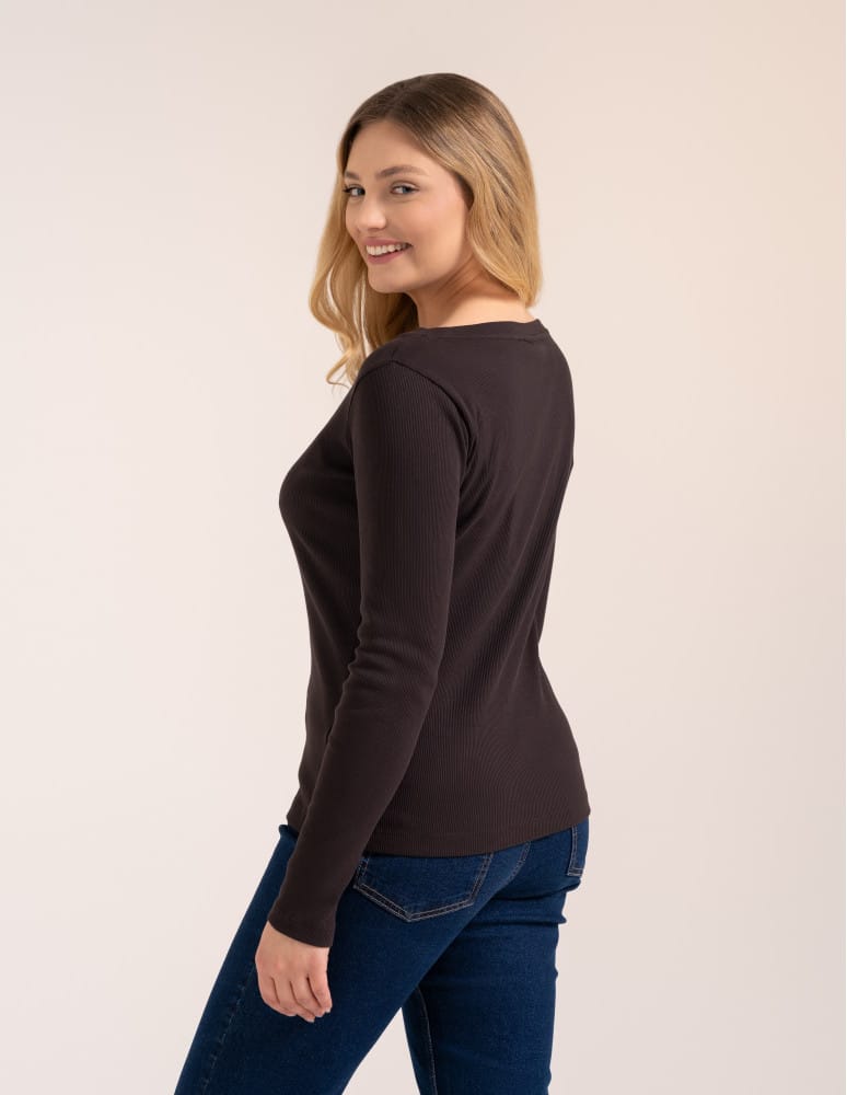 Bluzki z długim rękawem - Bluzka damska bawełniana w prążek longsleeve CIEMNY BRĄZ  - produkt moraj.pl 5