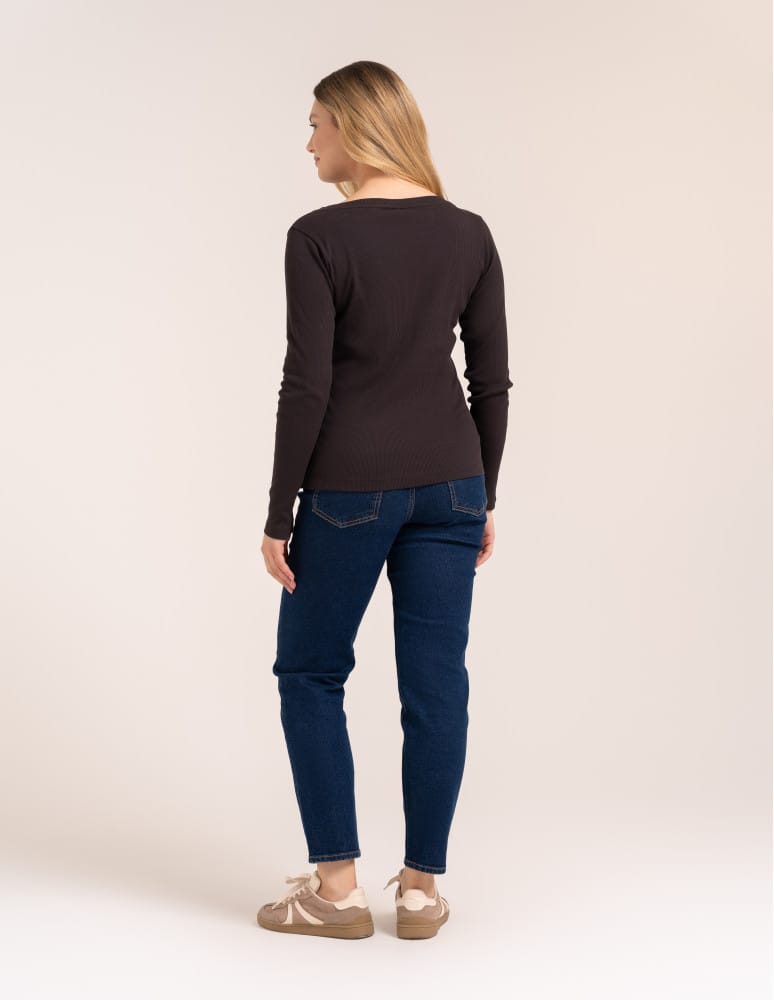 Bluzki z długim rękawem - Bluzka damska bawełniana w prążek longsleeve CIEMNY BRĄZ  - produkt moraj.pl 7