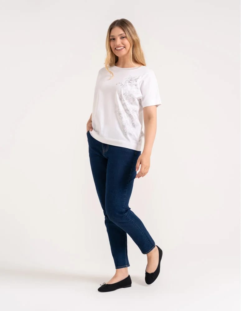 Bluzki z krótkim rękawem - Bluzka damska kimono bawełniana krój boxy z opadającym rękawem delikatny nadruk kwiatowy luźny t-shirt damski BIAŁY - produkt moraj.pl 3