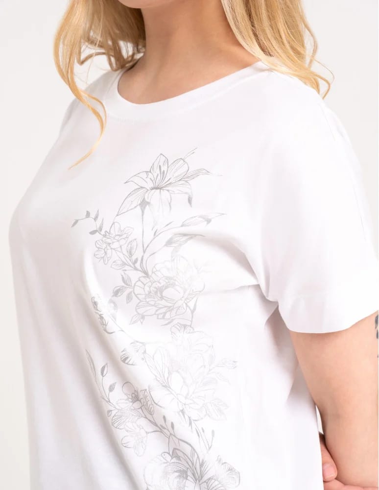 Bluzki z krótkim rękawem - Bluzka damska kimono bawełniana krój boxy z opadającym rękawem delikatny nadruk kwiatowy luźny t-shirt damski BIAŁY - produkt moraj.pl 2