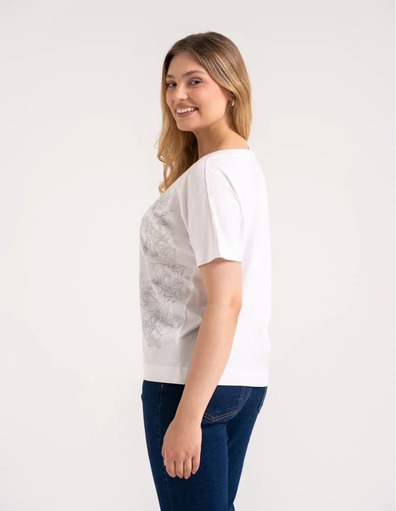 Bluzki z krótkim rękawem - Bluzka damska kimono bawełniana krój boxy z opadającym rękawem delikatny nadruk kwiatowy luźny t-shirt damski BIAŁY - produkt moraj.pl 5