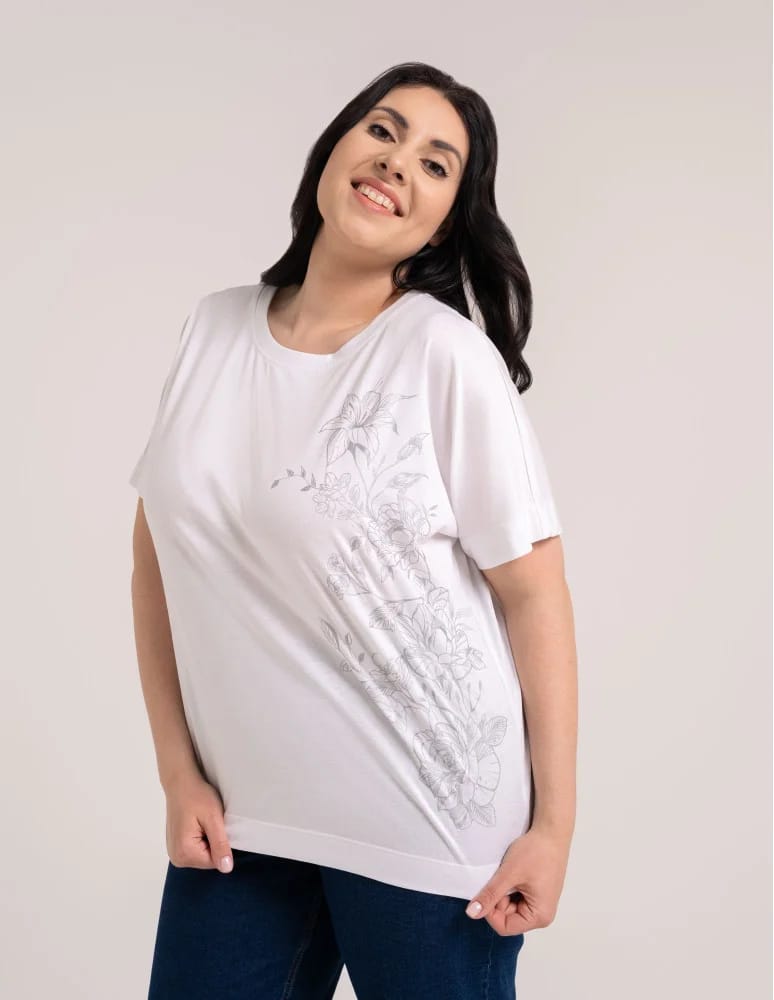 Bluzki z krótkim rękawem - Bluzka damska kimono bawełniana krój boxy z opadającym rękawem delikatny nadruk kwiatowy luźny t-shirt damski BIAŁY - produkt moraj.pl 7