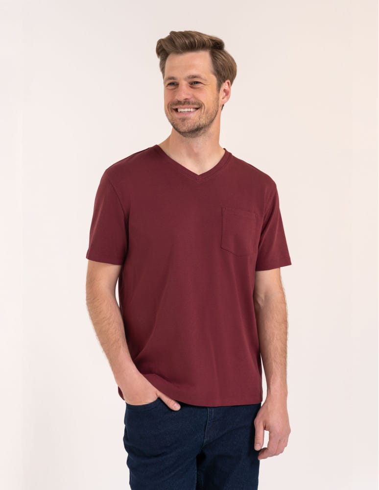 Męski t-shirt bawełniany z dekoltem V na krótki rękaw z kieszonką BORDOWY