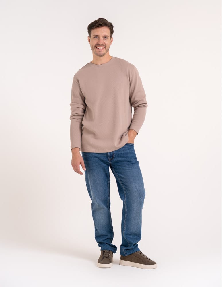 Koszulki z długim rękawem - Męski longsleeve bawełniany 100% z długim rękawem o waflowej strukturze BEŻOWY - produkt moraj.pl 1
