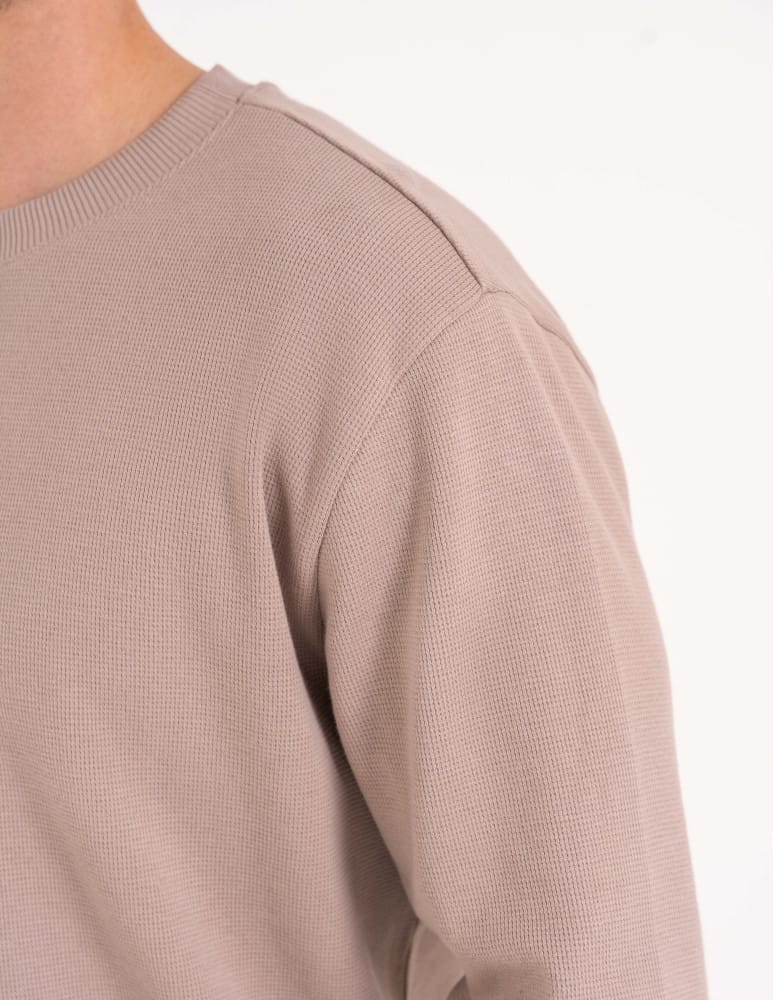 Koszulki z długim rękawem - Męski longsleeve bawełniany 100% z długim rękawem o waflowej strukturze BEŻOWY - produkt moraj.pl 4