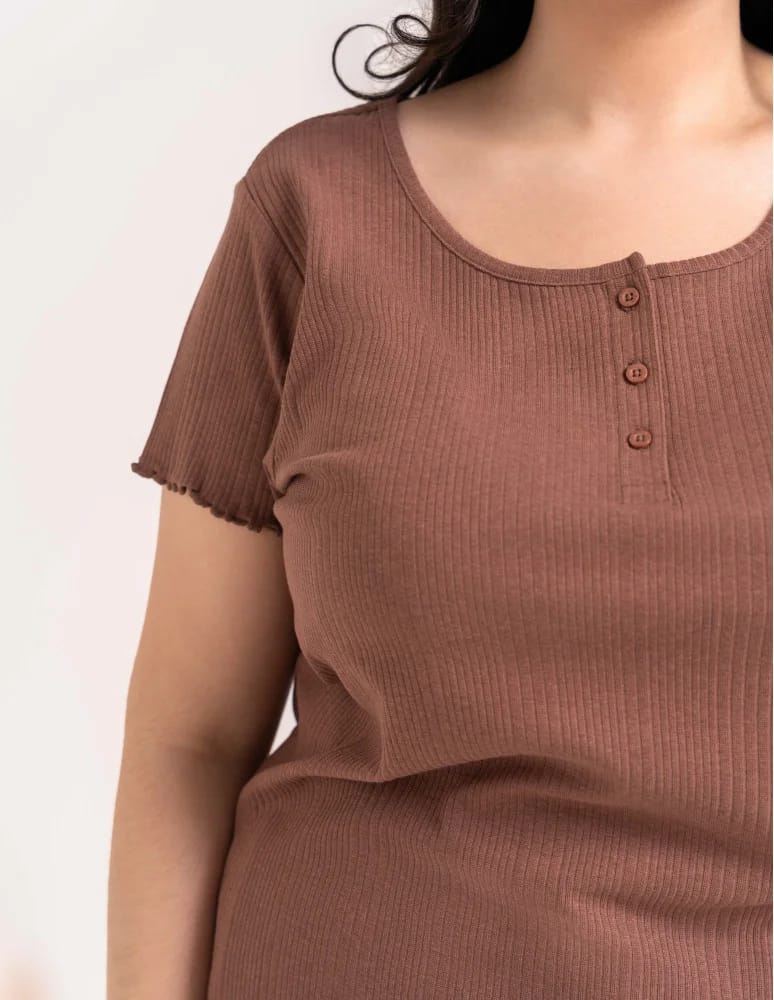 Piżamy z krótkim rękawem - Piżama damska bawełniana z wiskozą prążkowana komplet dwuczęściowy MOKKA  - produkt moraj.pl 5