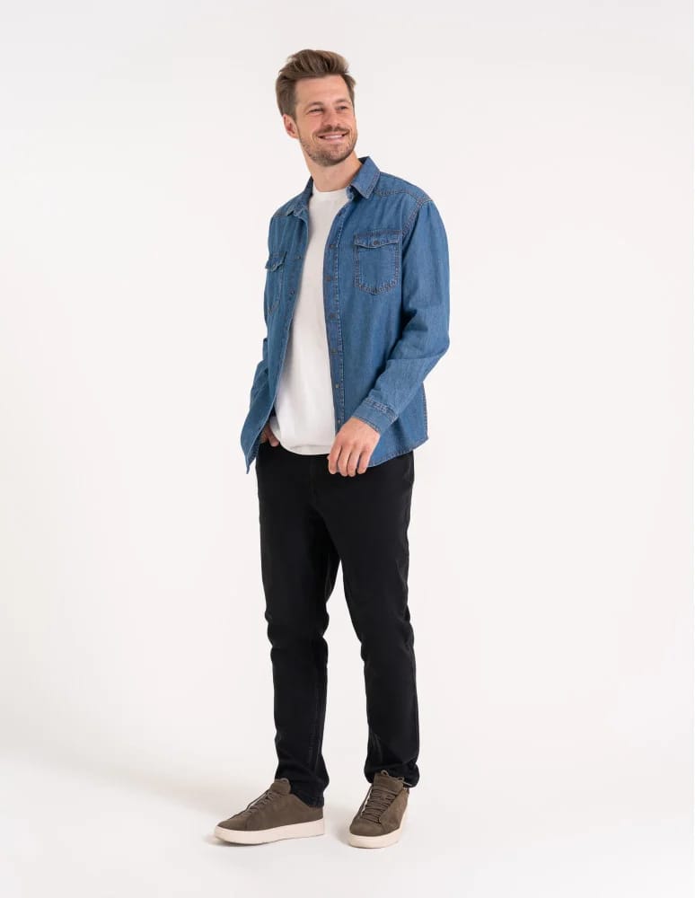 Mężczyzna - Koszula męska jeansowa denim klasyczna NIEBIESKI - produkt moraj.pl 4