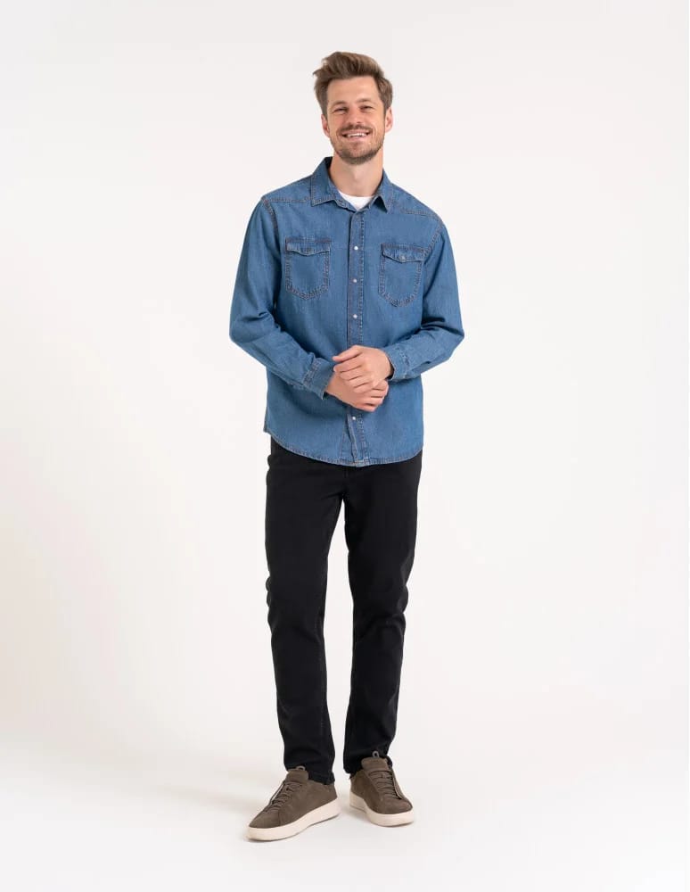 Mężczyzna - Koszula męska jeansowa denim klasyczna NIEBIESKI - produkt moraj.pl 5