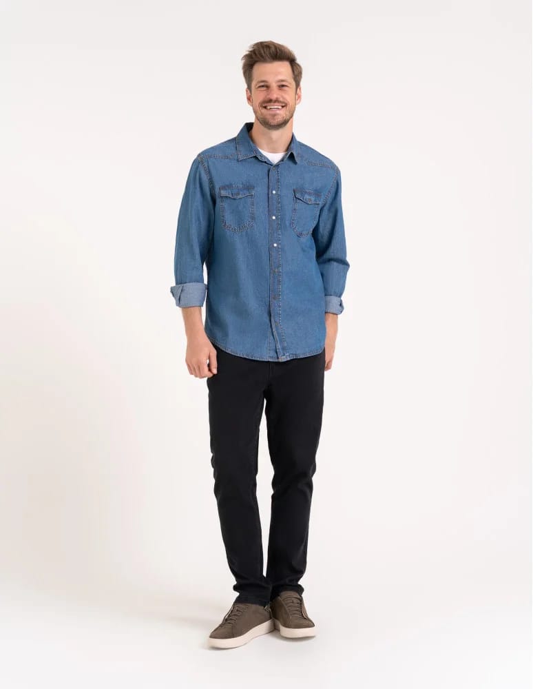 Mężczyzna - Koszula męska jeansowa denim klasyczna NIEBIESKI - produkt moraj.pl 10