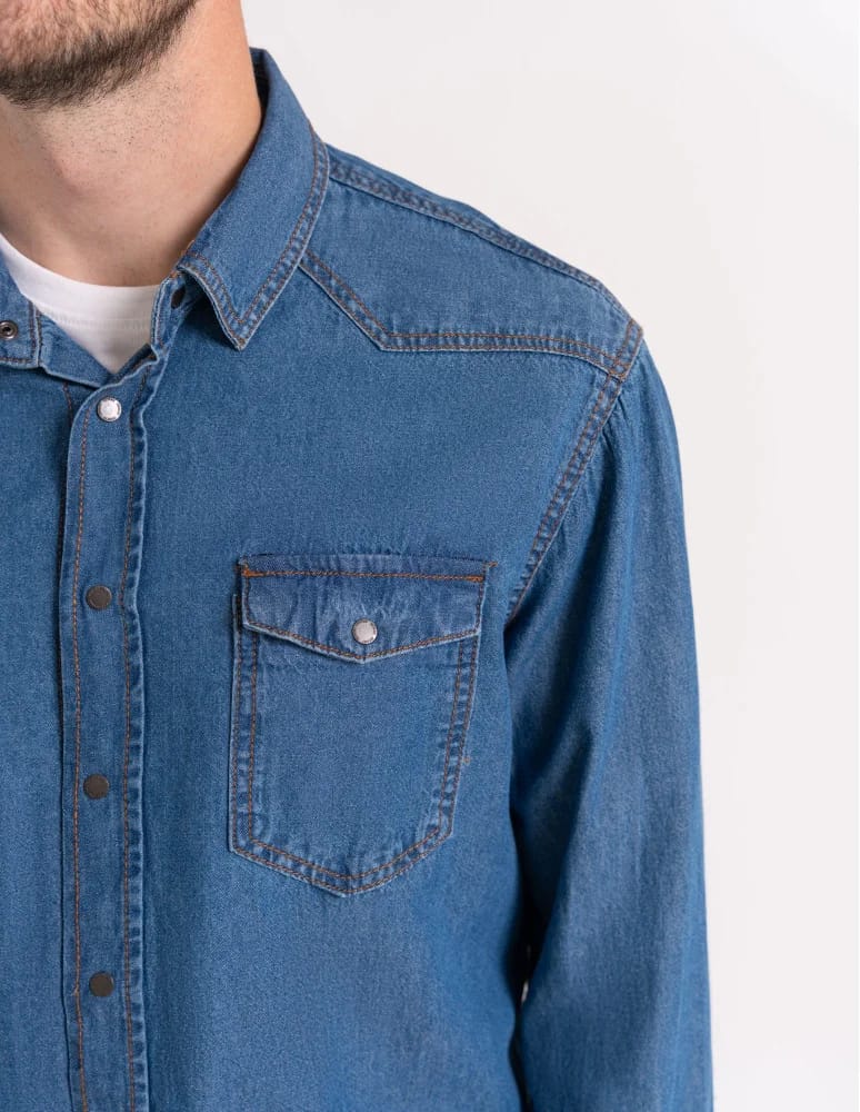 Mężczyzna - Koszula męska jeansowa denim klasyczna NIEBIESKI - produkt moraj.pl 3