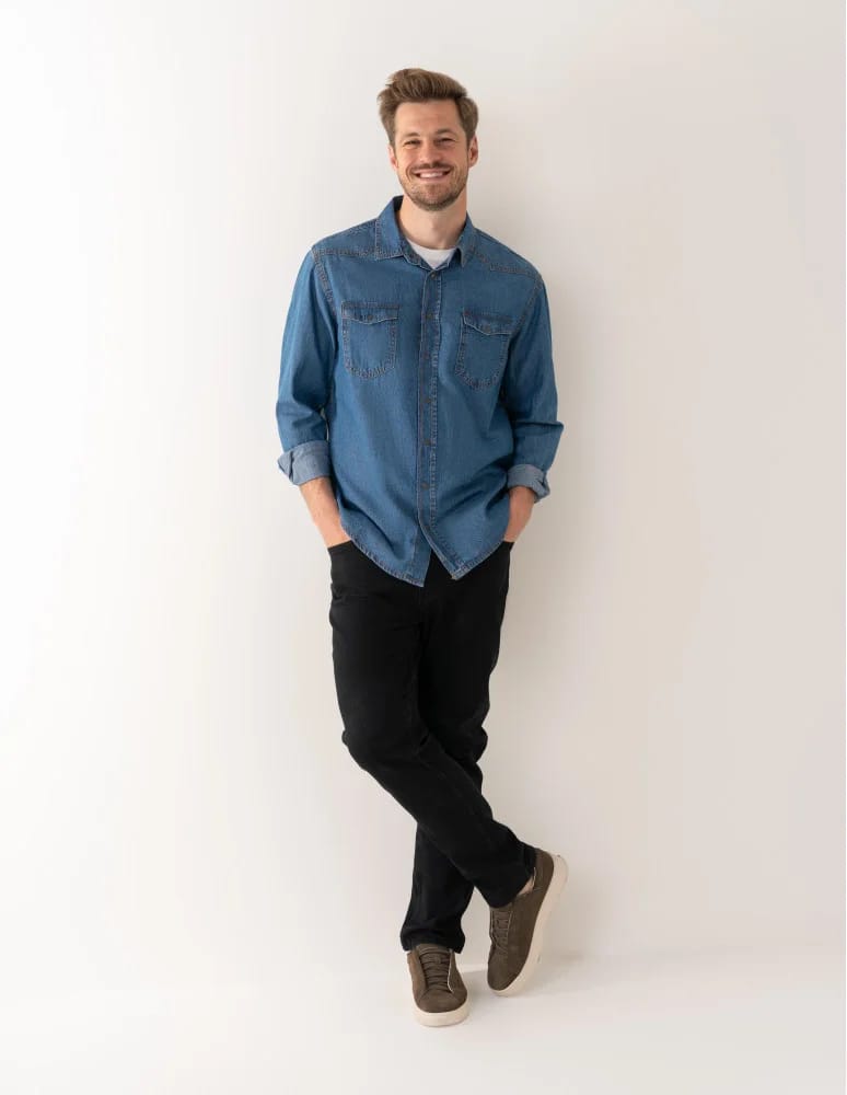Mężczyzna - Koszula męska jeansowa denim klasyczna NIEBIESKI - produkt moraj.pl 11