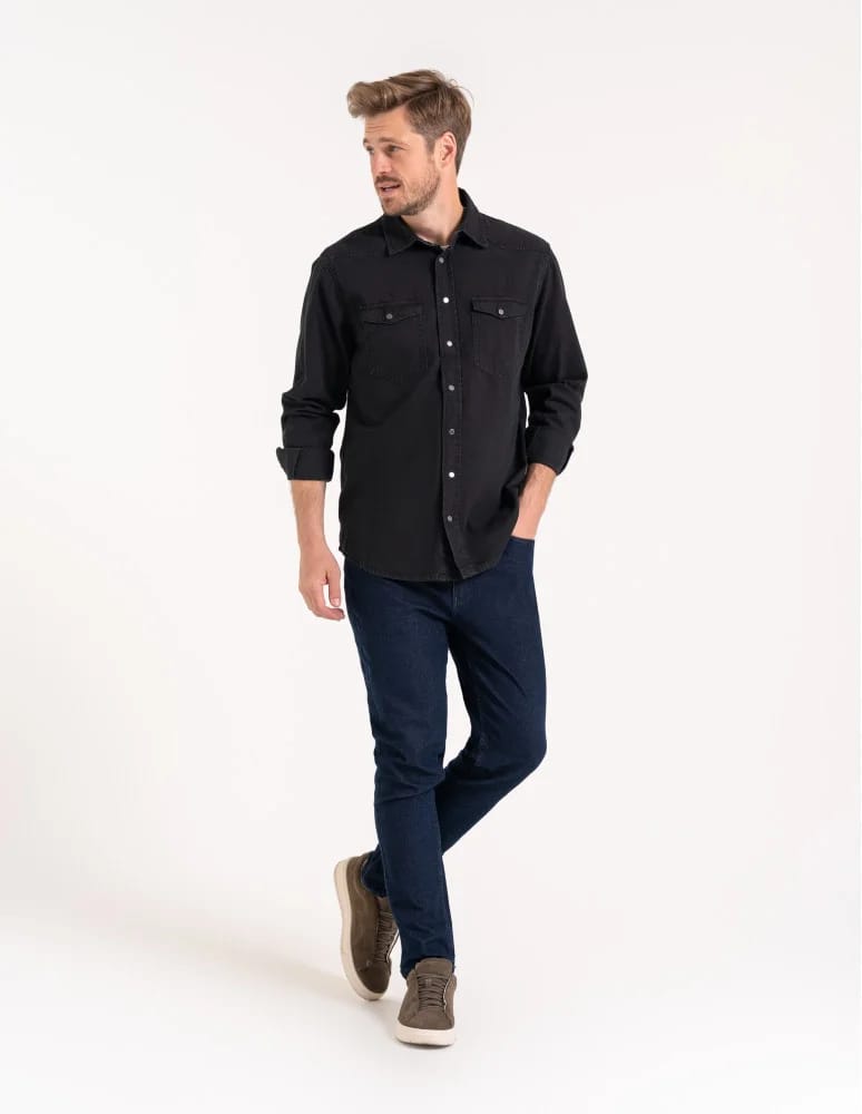 Mężczyzna - Koszula męska jeansowa denim klasyczna CZARNY - produkt moraj.pl 3