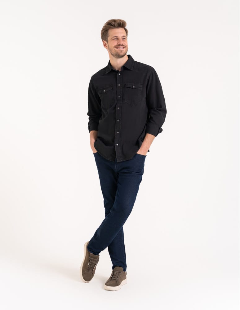 Mężczyzna - Koszula męska jeansowa denim klasyczna CZARNY  - produkt moraj.pl 4