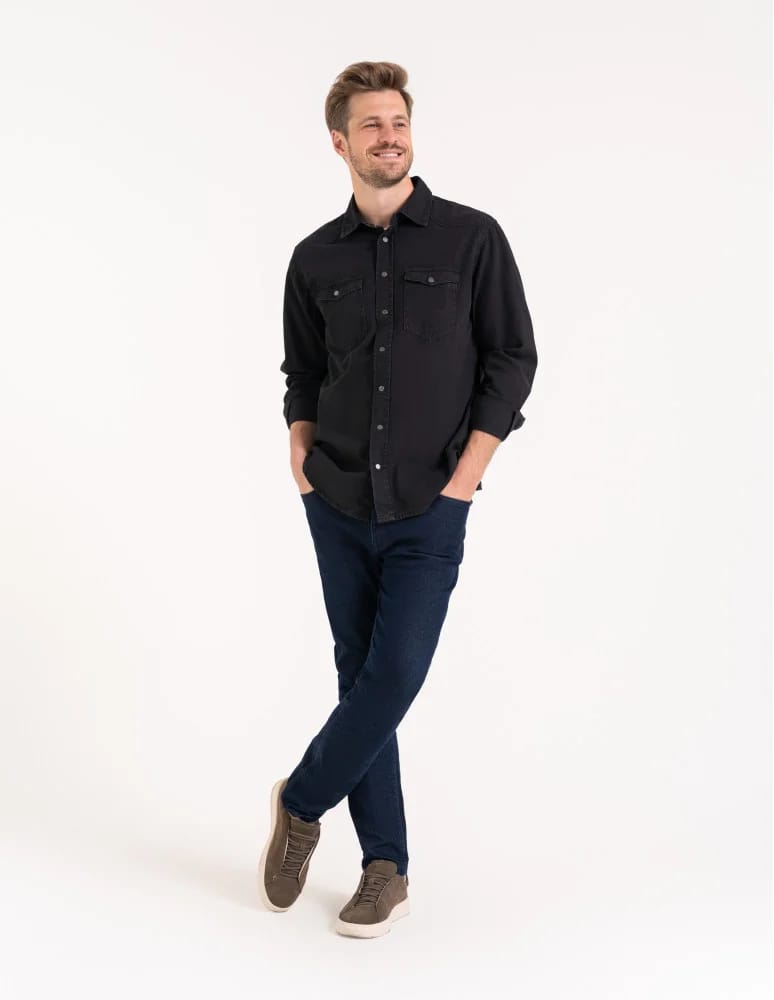 Mężczyzna - Koszula męska jeansowa denim klasyczna CZARNY - produkt moraj.pl 4