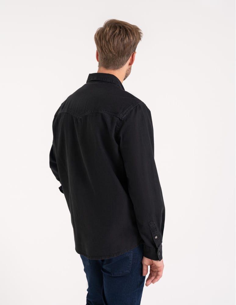 Mężczyzna - Koszula męska jeansowa denim klasyczna CZARNY  - produkt moraj.pl 5