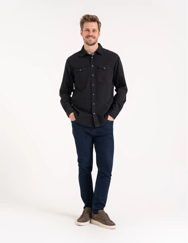 Mężczyzna - Koszula męska jeansowa denim klasyczna CZARNY - produkt moraj.pl 6